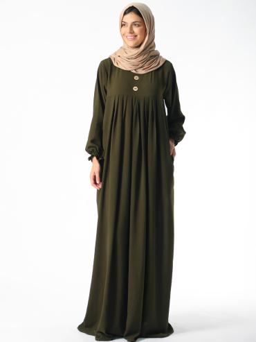 Bulk Gorgeous Pleated Abaya With Show Button In Olive.