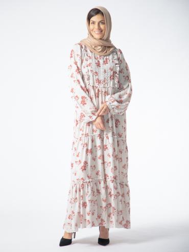Bulk FloralPrinted Modest Dress in OffWhite