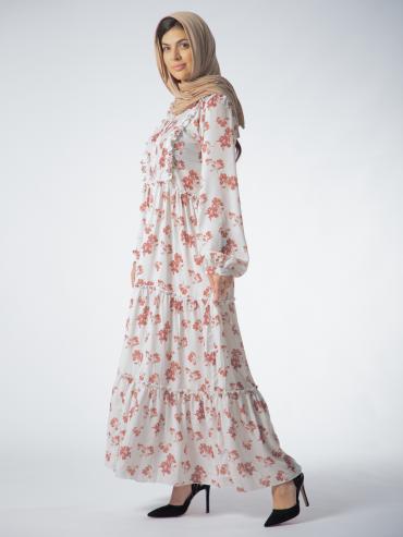 Bulk FloralPrinted Modest Dress in OffWhite