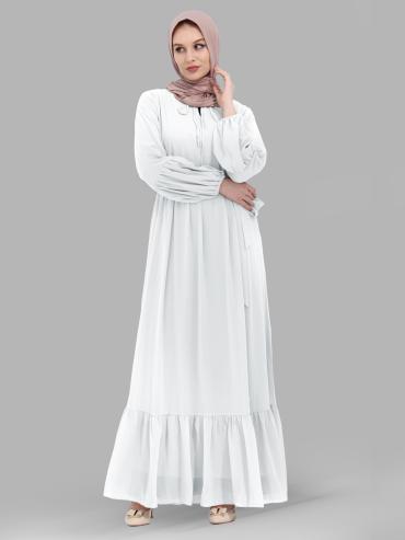 Bulk Modest Dress with Tie Up Neck in White