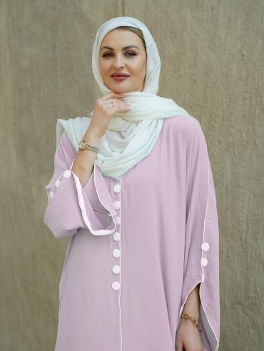 Bulk Modest Abaya with White Piping and Show Buttons on the Front and Sleeves in Blush Pink
