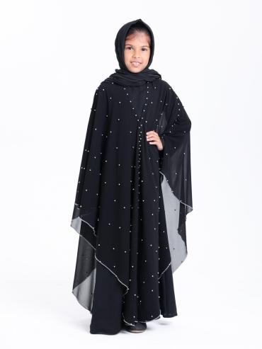 Bulk Black Kids Hooded Modest Dress with Pearl Work on the Shrug