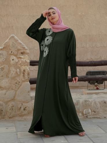 Bulk Zoom Simple Front Open Abaya with Crystal Hand Work and Pleat Work on the Sleeves in Olive 