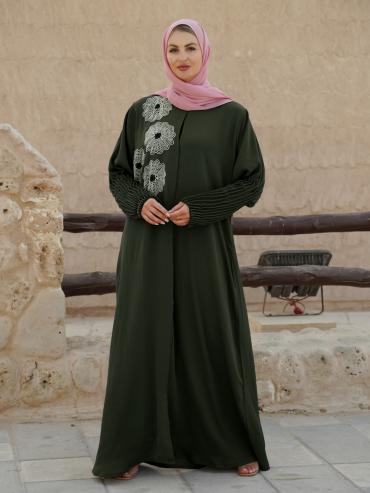 Bulk Zoom Simple Front Open Abaya with Crystal Hand Work and Pleat Work on the Sleeves in Olive 