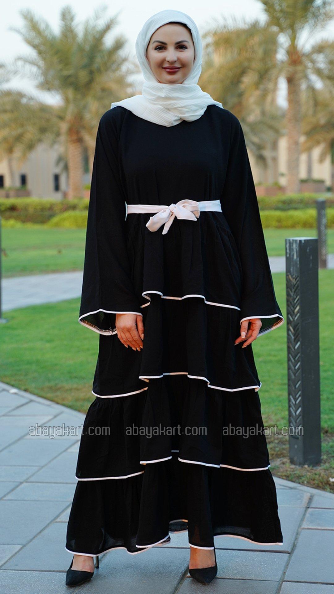 Bulk Abaya with Frill Work White Piping and a Belt in Black