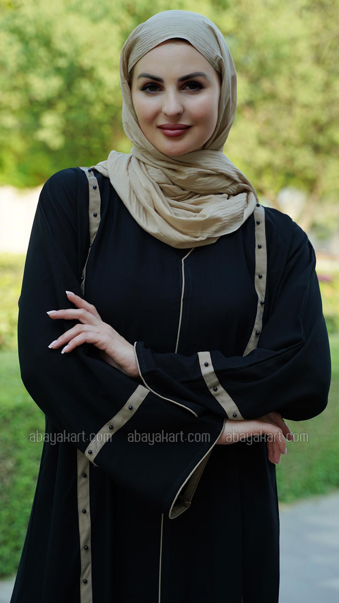 Bulk Abaya with Pearl work and Piping on the Front and Sleeves