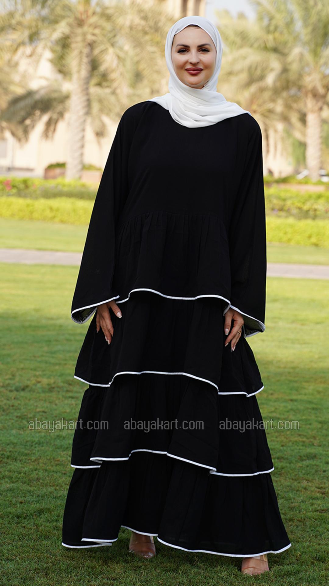 Bulk Abaya With Frill Work And White Piping Work In Black