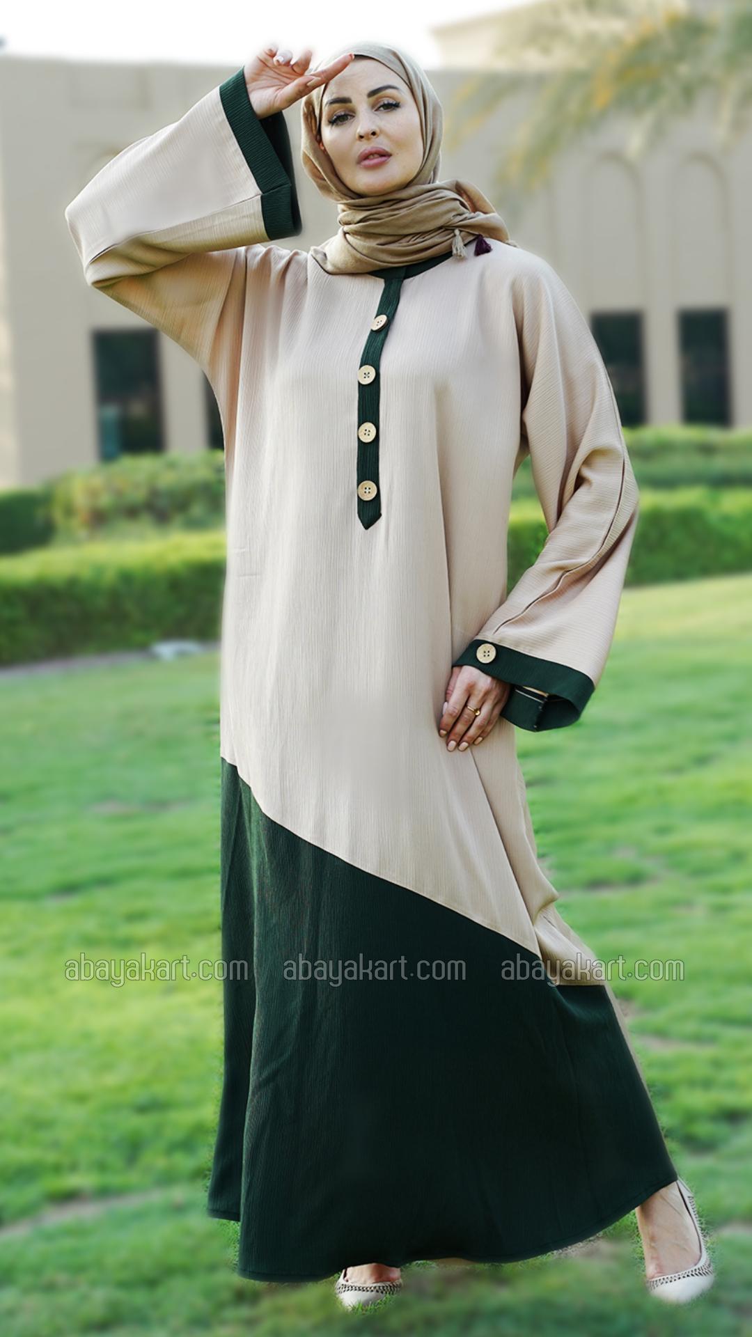 Bulk Beige and Olive Zoom Abaya with Show Buttons on the Front and sleeves