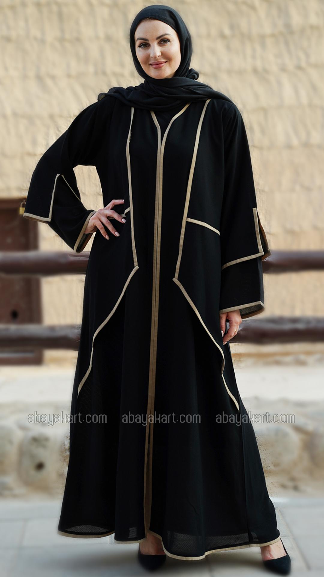 Bulk Black Abaya with an Attached Shrug and DoubleLayered Sleeves
