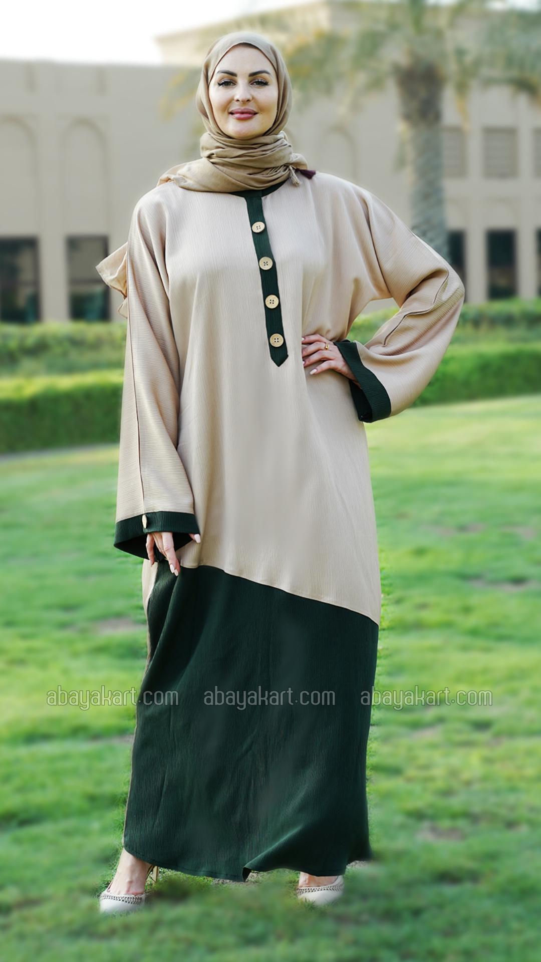 Bulk Beige and Olive Zoom Abaya with Show Buttons on the Front and sleeves