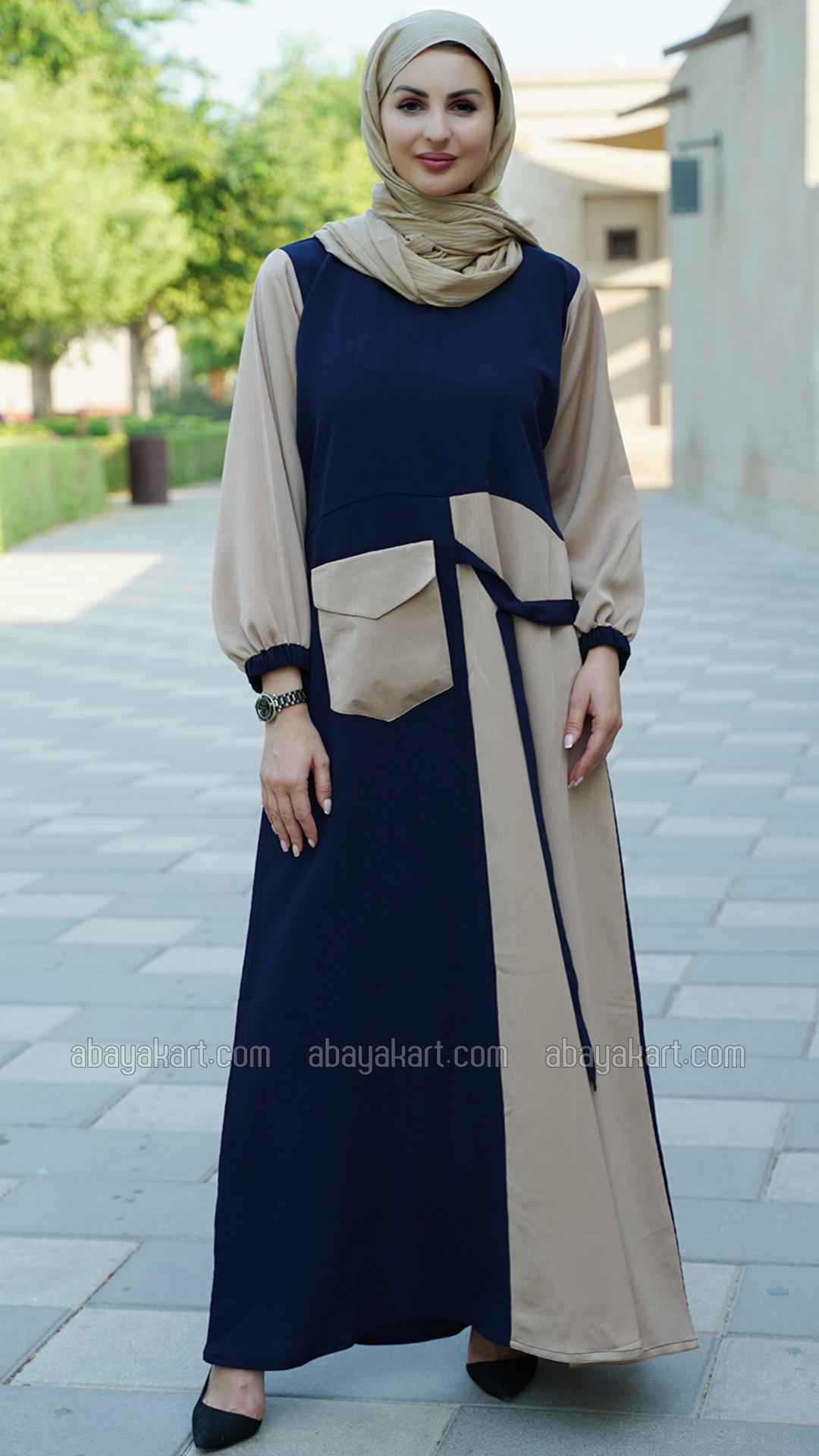 Bulk Zoom Abaya With One Side Pocket And Attached Belt In Beige And Navy Blue