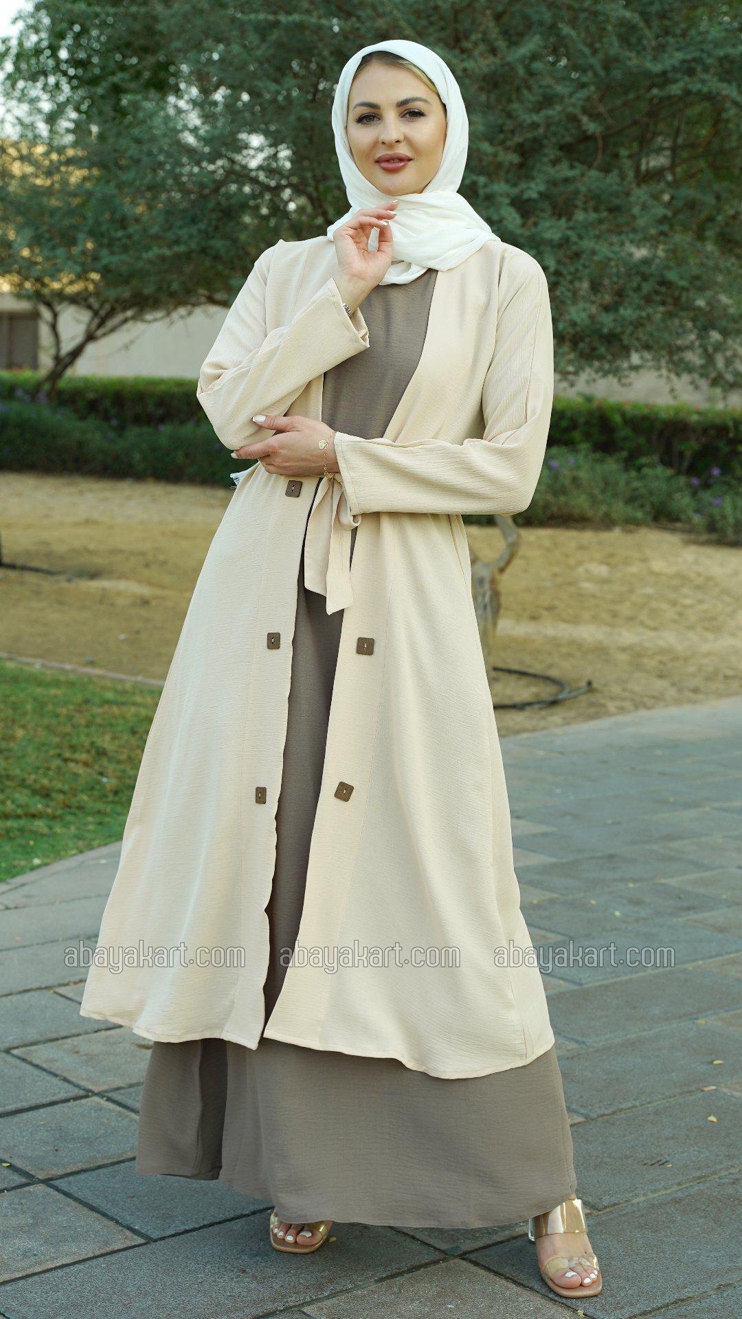 Bulk CEY Modest Dress with a Shrug and Belt in Cream and Brown