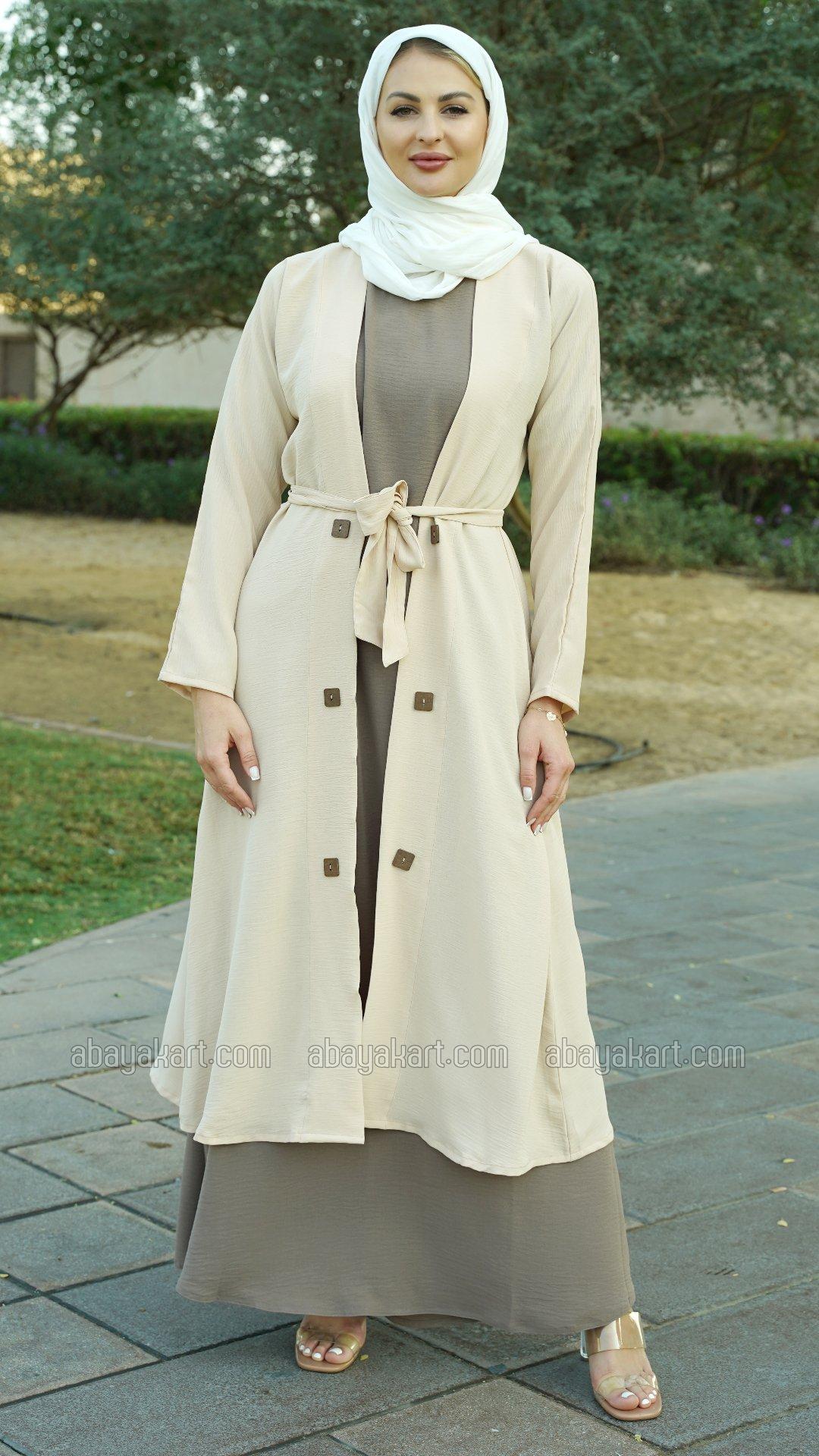 Bulk CEY Modest Dress with a Shrug and Belt in Cream and Brown