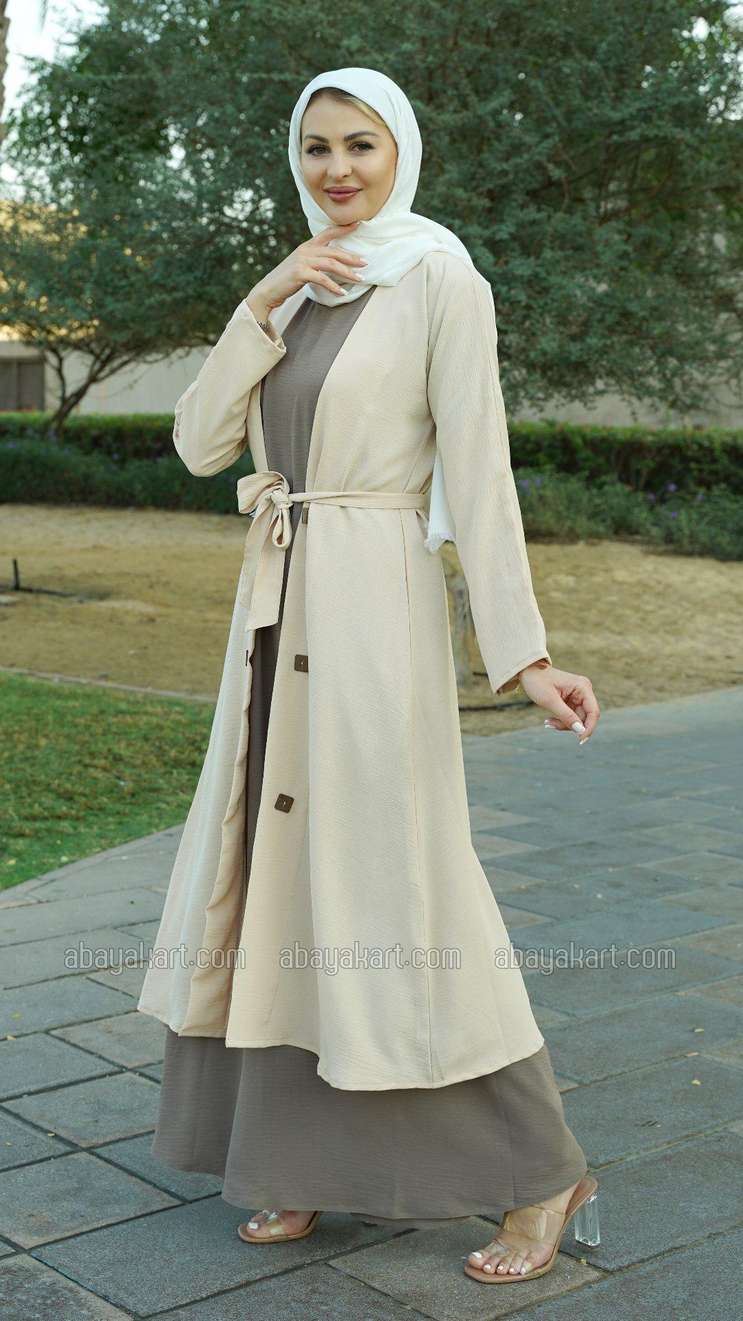 Bulk CEY Modest Dress with a Shrug and Belt in Cream and Brown