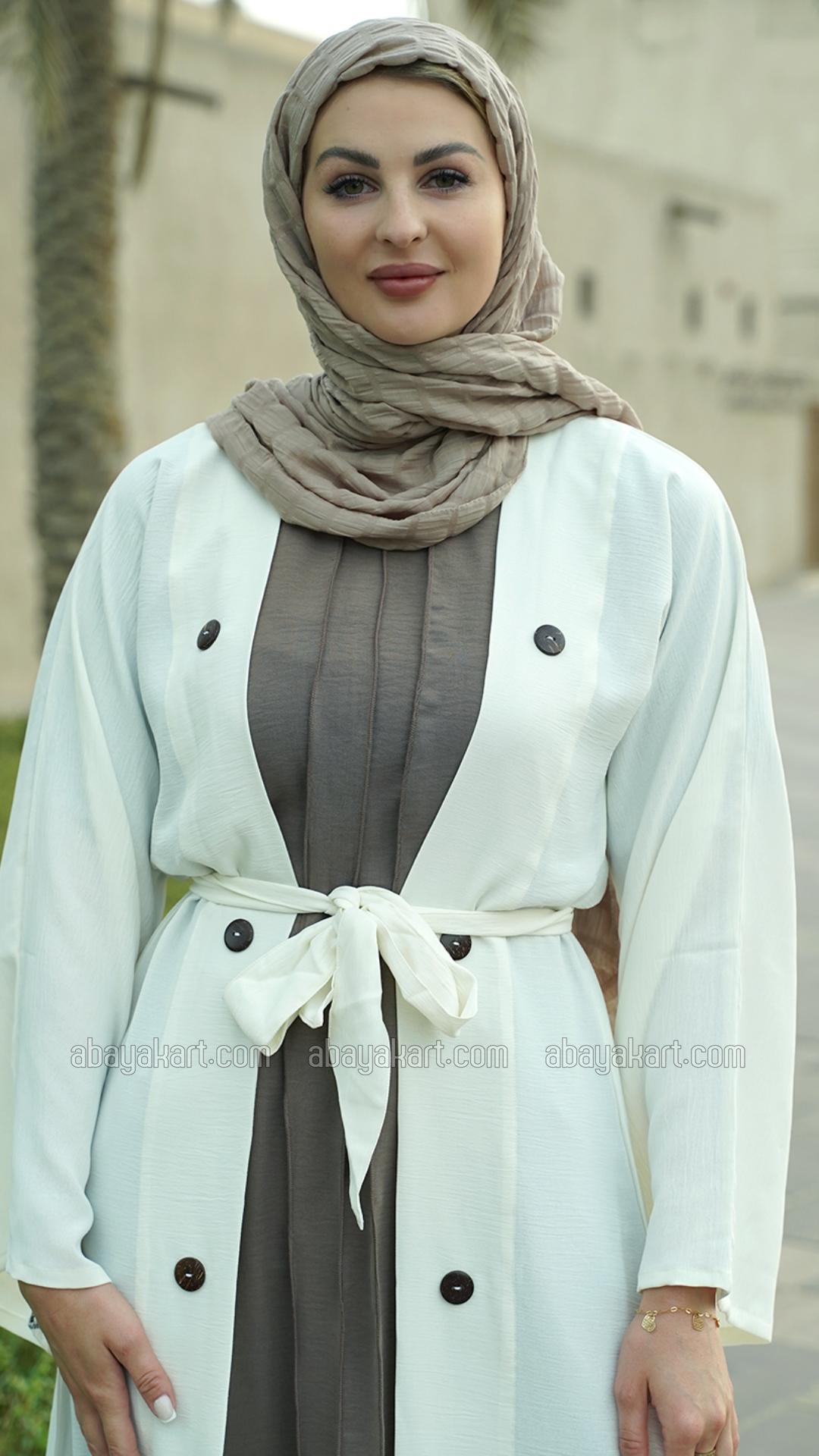 Bulk CEY Modest Dress with a Shrug Show Buttons and a Belt in Offwhite and Brown