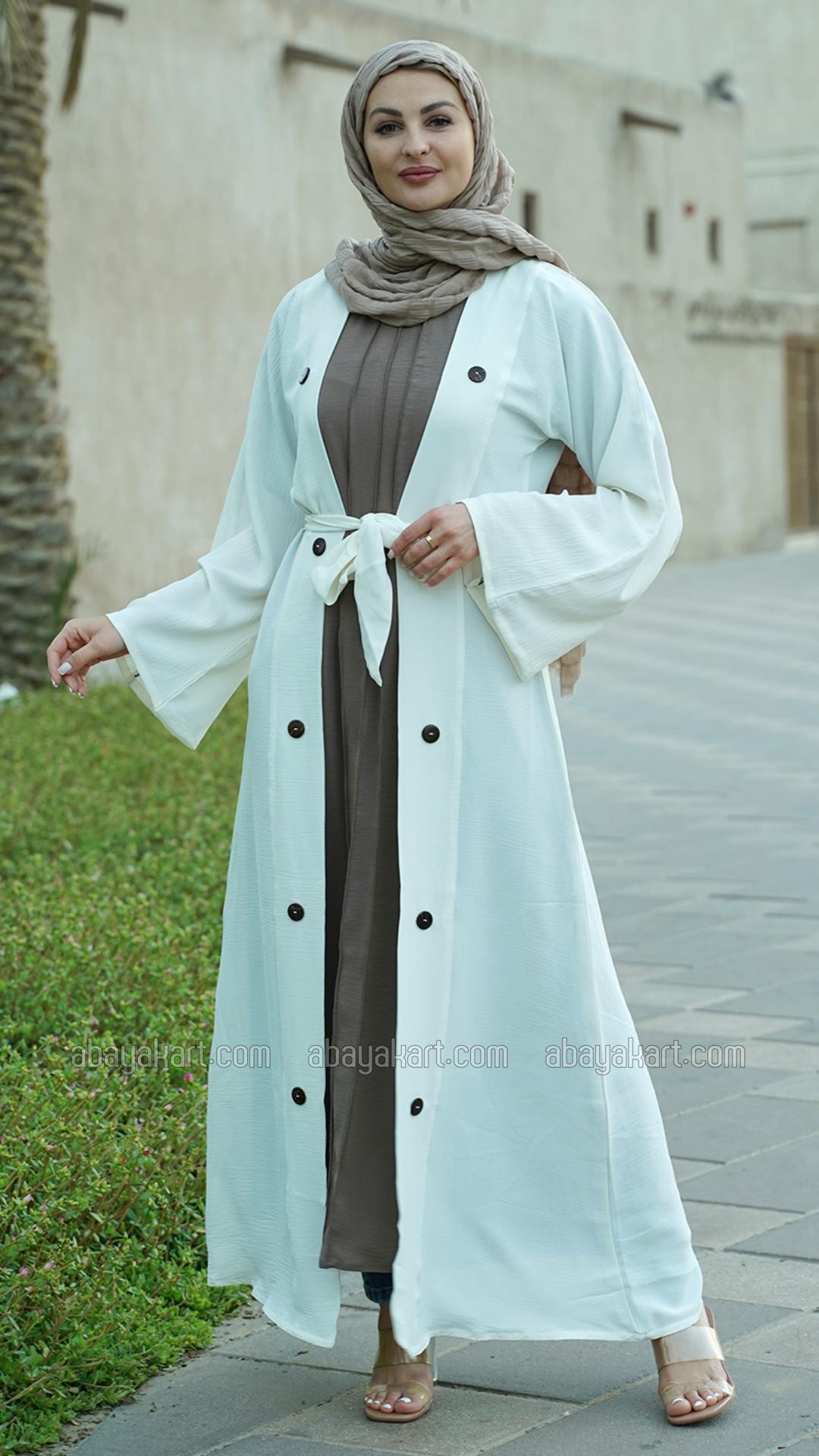 Bulk CEY Modest Dress with a Shrug Show Buttons and a Belt in Offwhite and Brown