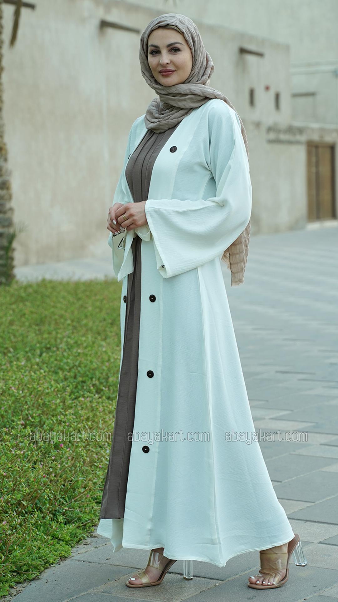 Bulk CEY Modest Dress with a Shrug Show Buttons and a Belt in Offwhite and Brown