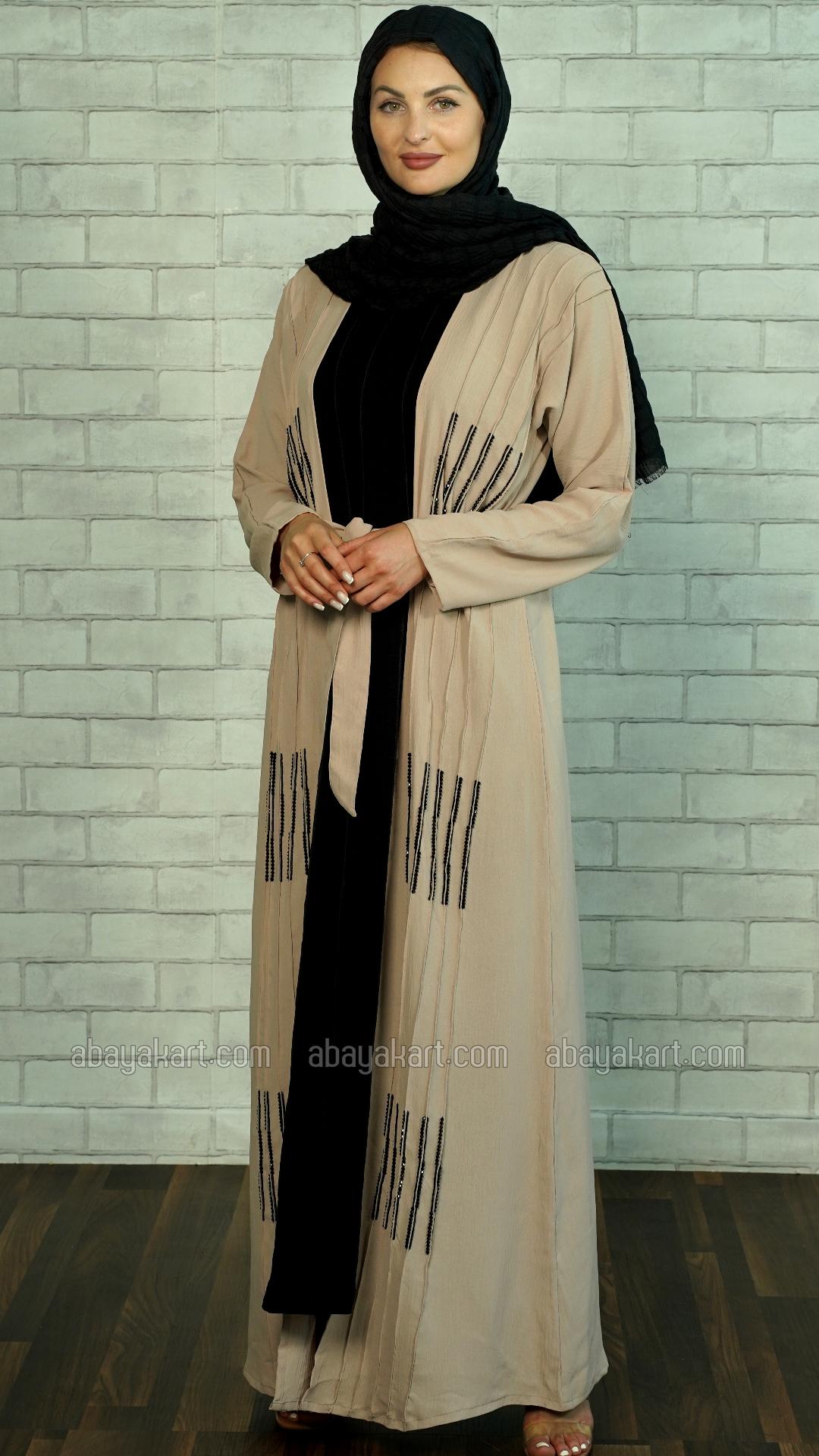 Bulk CEY Modest Dress With Shrug And Crystal Hand Work On Front With Belt In Almond And Black