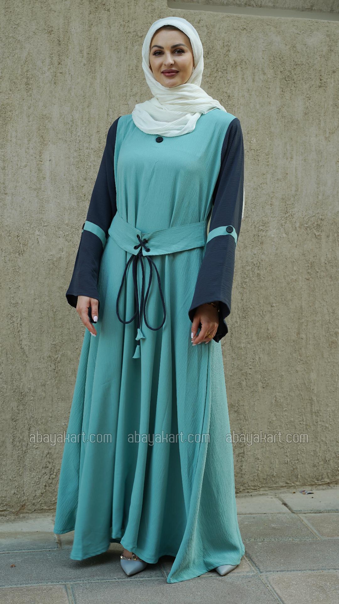 Bulk CEY Modest Dress with Show Buttons on the Front and Sleeves and an Attached Belt in Turquoise