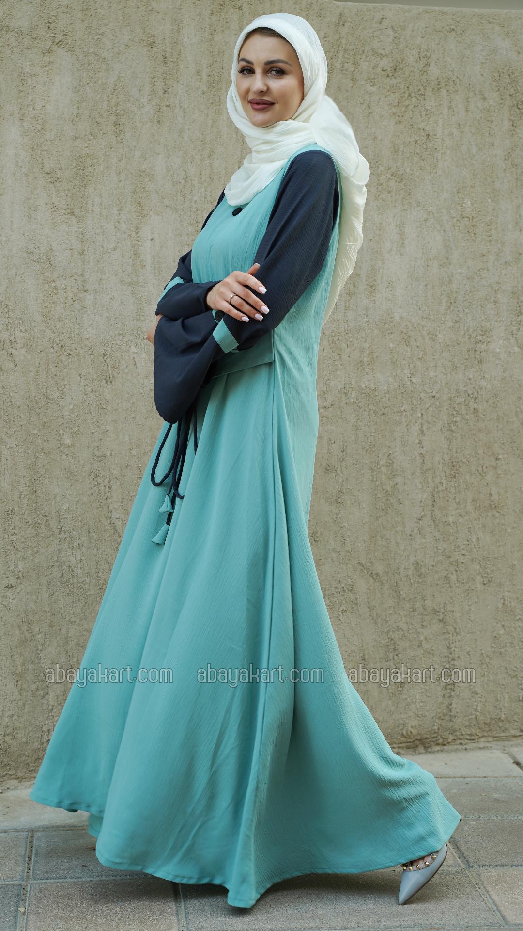 Bulk CEY Modest Dress with Show Buttons on the Front and Sleeves and an Attached Belt in Turquoise