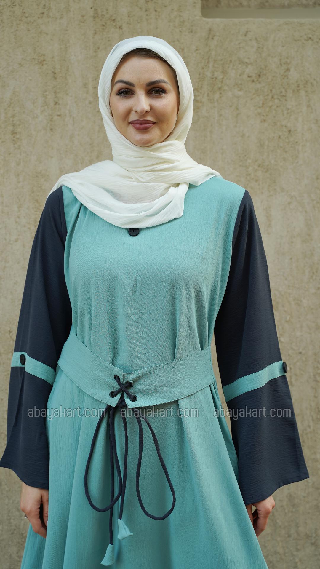 Bulk CEY Modest Dress with Show Buttons on the Front and Sleeves and an Attached Belt in Turquoise