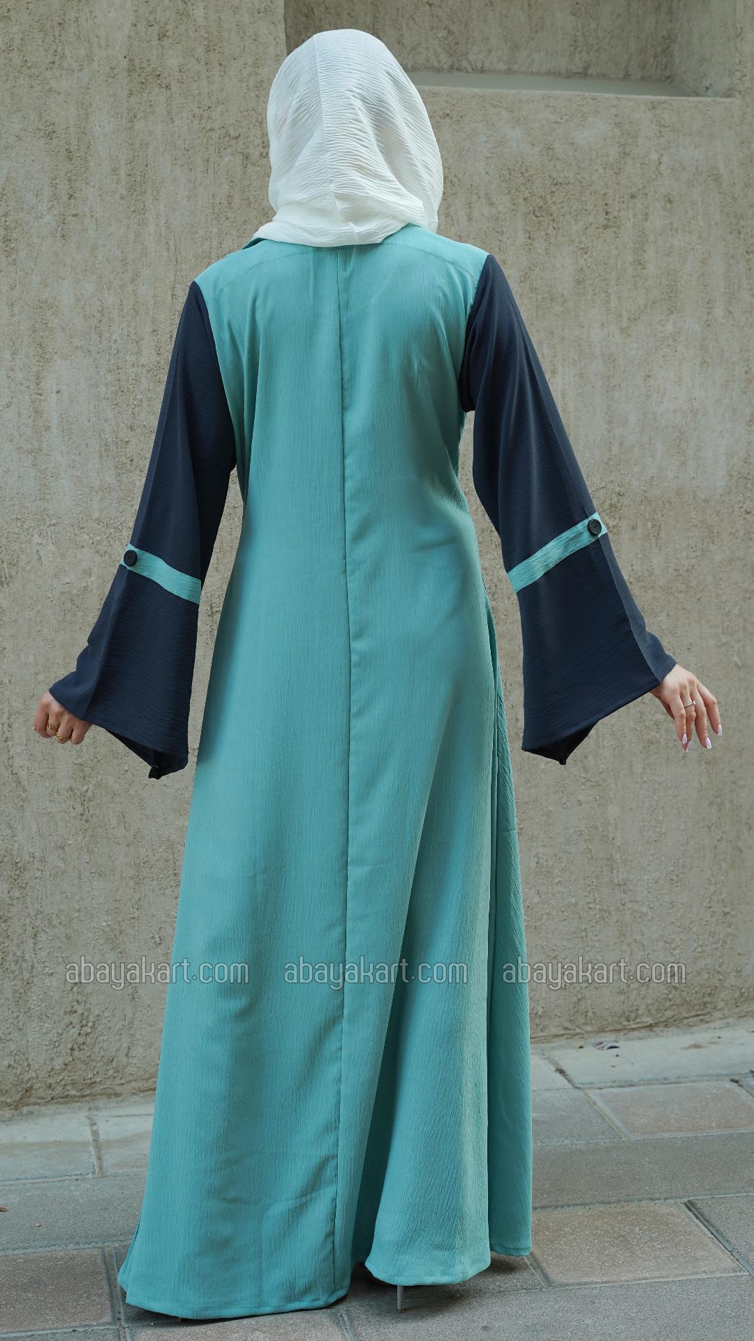 Bulk CEY Modest Dress with Show Buttons on the Front and Sleeves and an Attached Belt in Turquoise