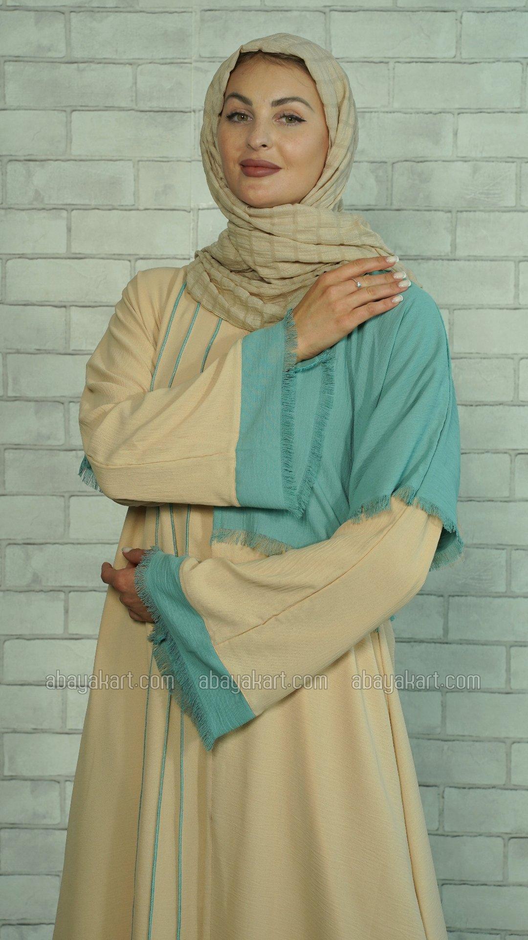 Bulk CEY Frontopen Abaya with Skin Stitch Work on the Front in Cream and Turquoise