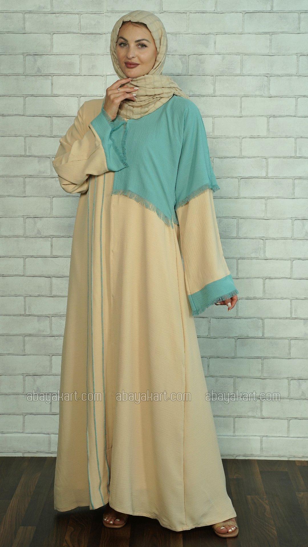 Bulk CEY Frontopen Abaya with Skin Stitch Work on the Front in Cream and Turquoise