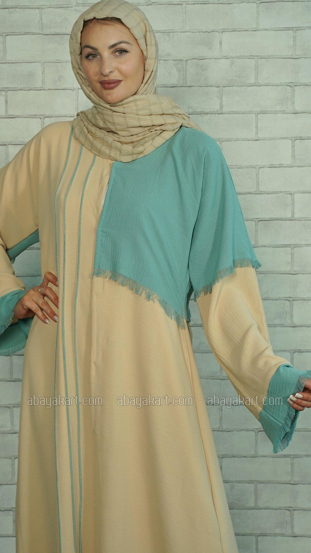 Bulk CEY Frontopen Abaya with Skin Stitch Work on the Front in Cream and Turquoise