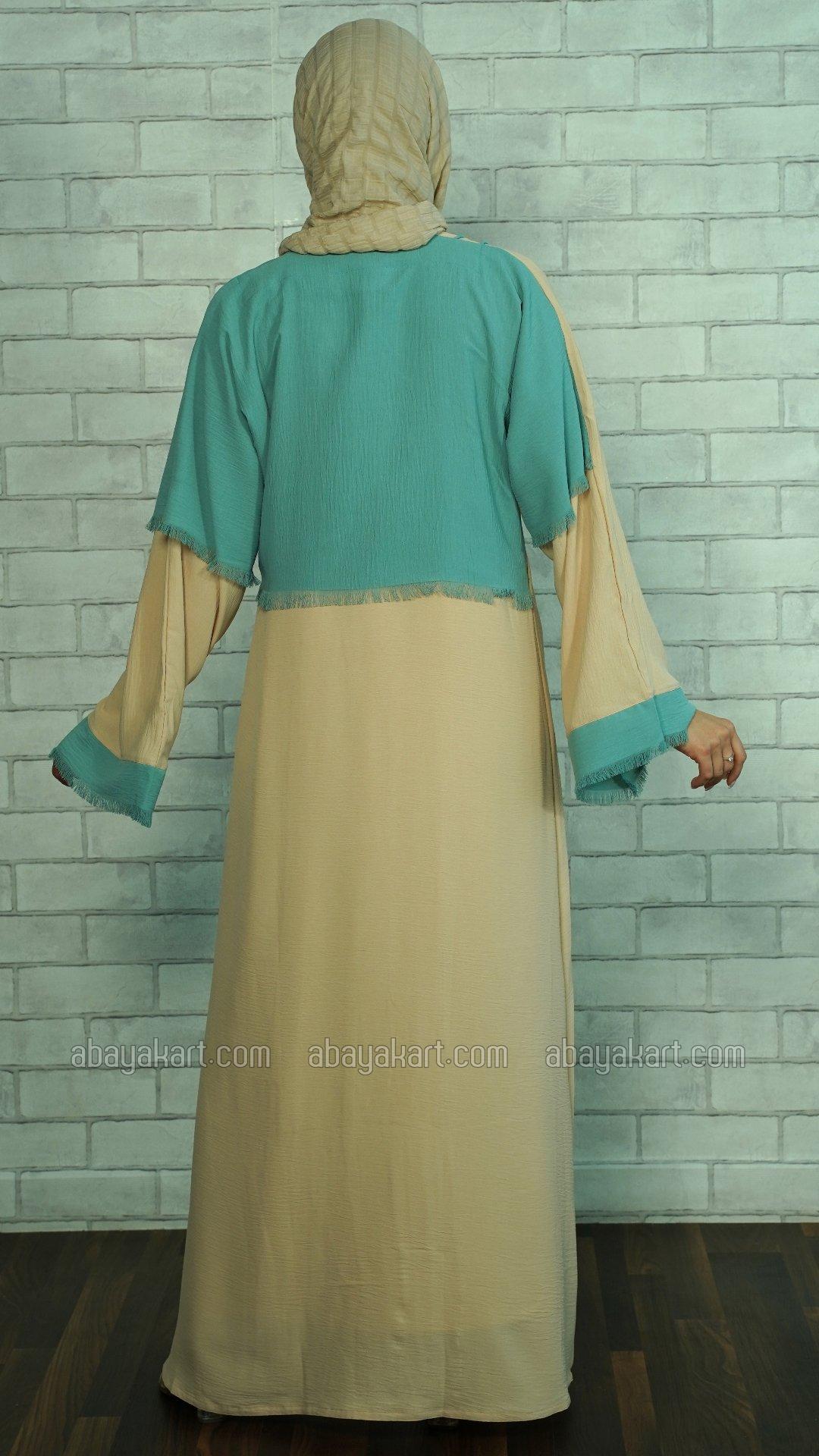 Bulk CEY Frontopen Abaya with Skin Stitch Work on the Front in Cream and Turquoise