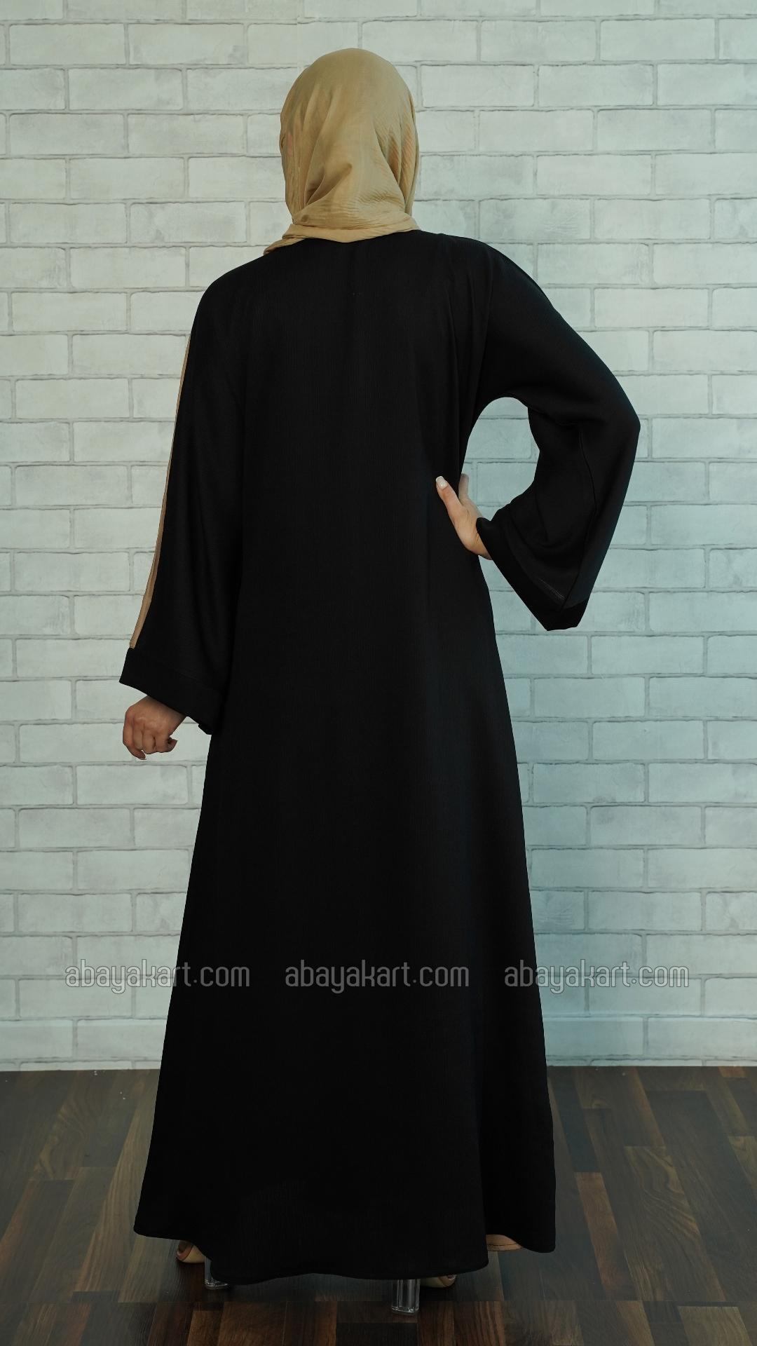 Bulk Zoom Simple Abaya with Black Crystal Handwork on the Front in Black and Beige