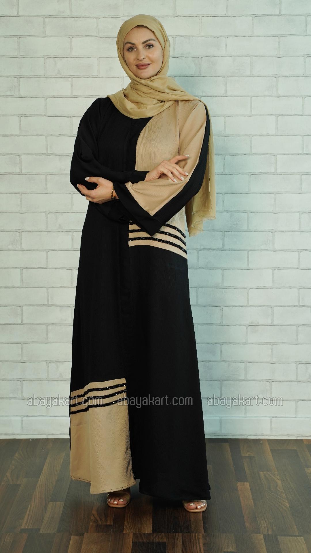 Bulk Zoom Simple Abaya with Black Crystal Handwork on the Front in Black and Beige