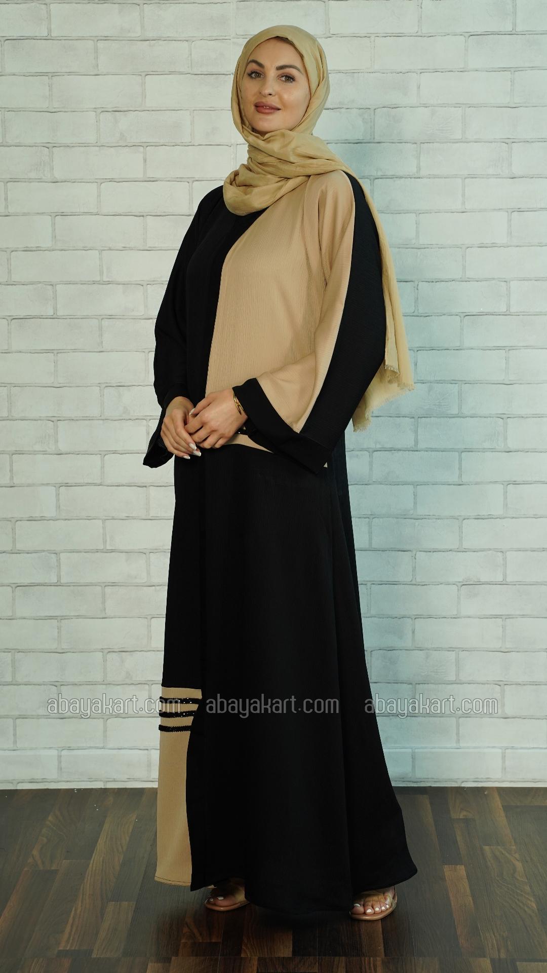 Bulk Zoom Simple Abaya with Black Crystal Handwork on the Front in Black and Beige