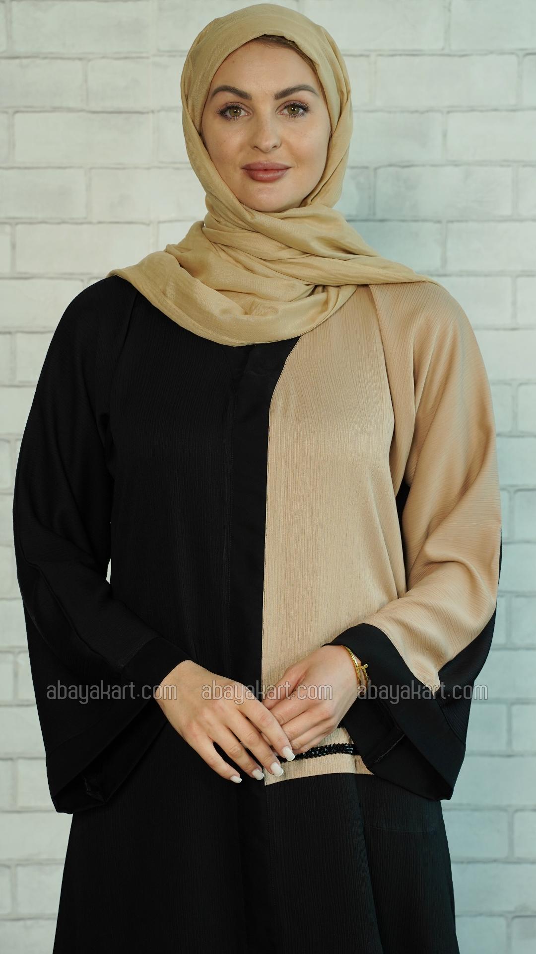 Bulk Zoom Simple Abaya with Black Crystal Handwork on the Front in Black and Beige