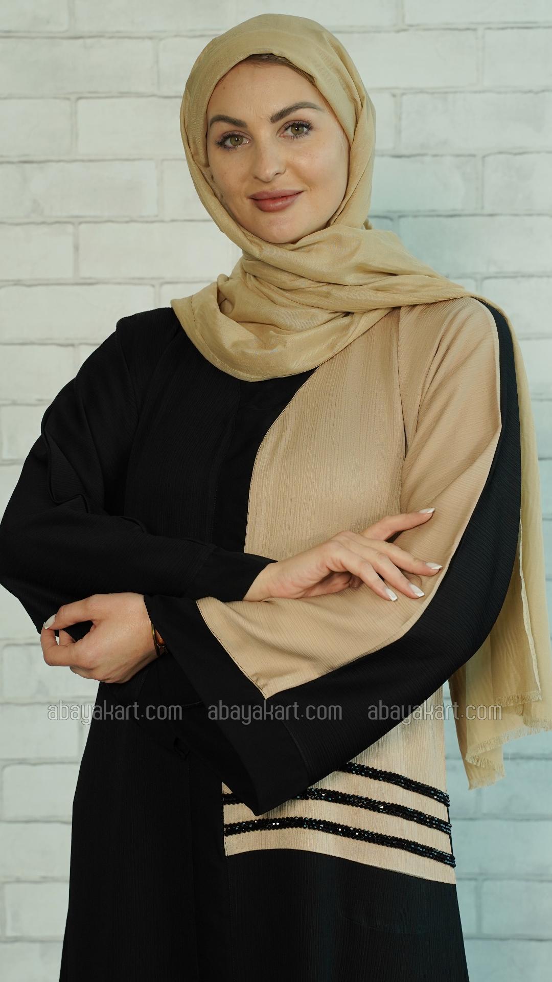 Bulk Zoom Simple Abaya with Black Crystal Handwork on the Front in Black and Beige