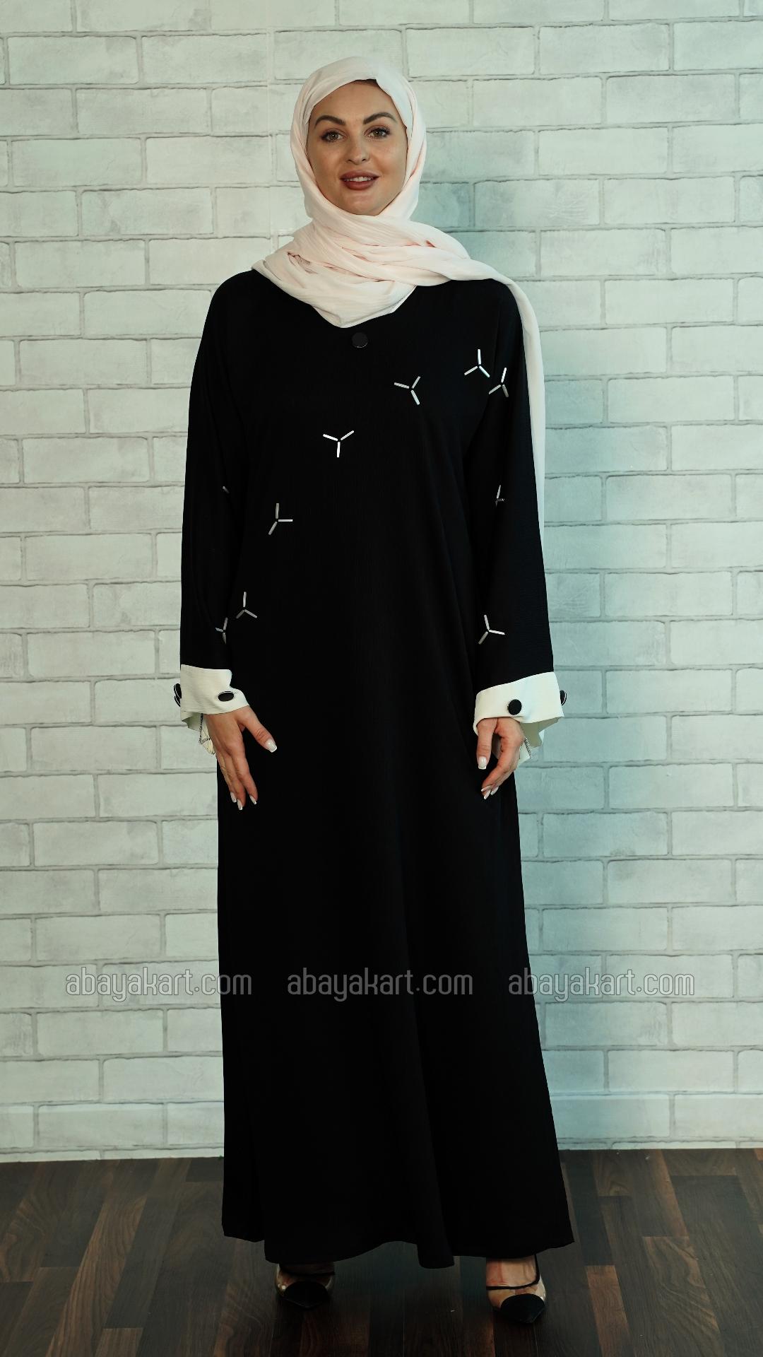 Bulk Zoom Simple Abaya with Crystal Handwork on the Front and Sleeves in Black and White