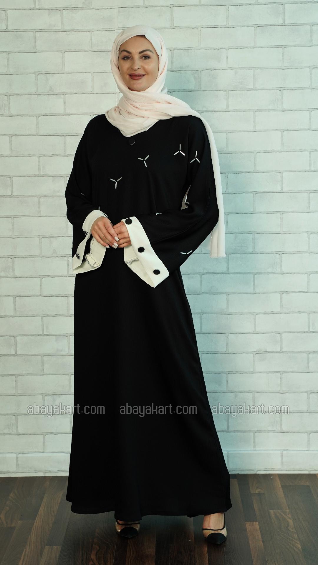 Bulk Zoom Simple Abaya with Crystal Handwork on the Front and Sleeves in Black and White