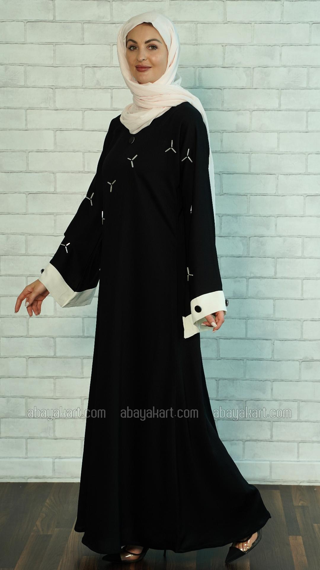 Bulk Zoom Simple Abaya with Crystal Handwork on the Front and Sleeves in Black and White