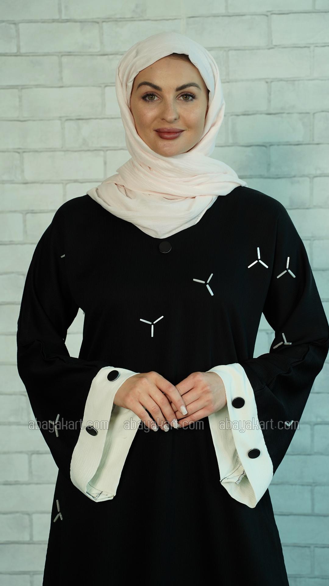 Bulk Zoom Simple Abaya with Crystal Handwork on the Front and Sleeves in Black and White