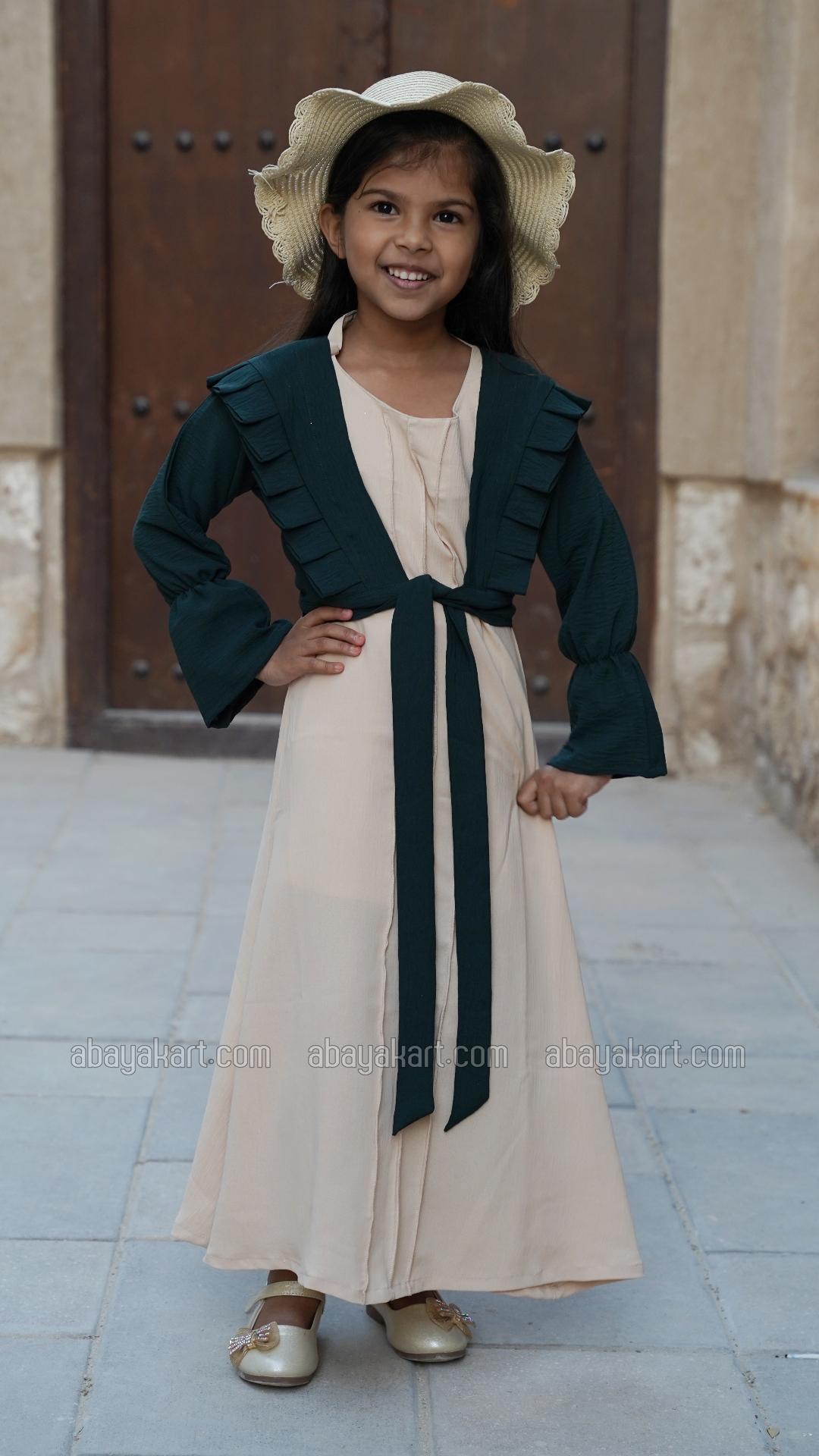 Bulk Kids Modest Dress with Frill Work and a Coat in Dark Green and Cream