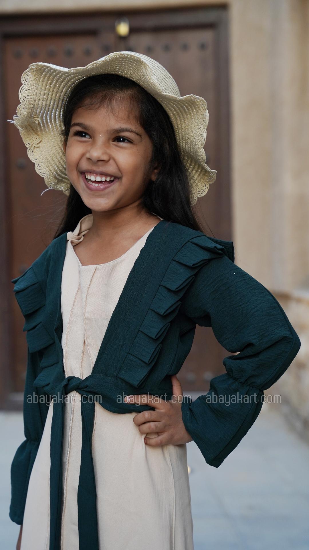 Bulk Kids Modest Dress with Frill Work and a Coat in Dark Green and Cream