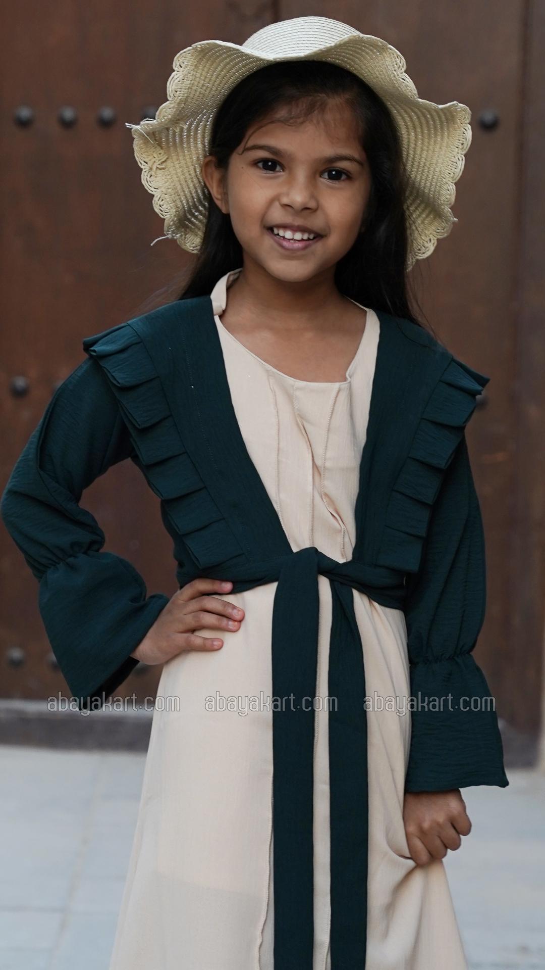 Bulk Kids Modest Dress with Frill Work and a Coat in Dark Green and Cream