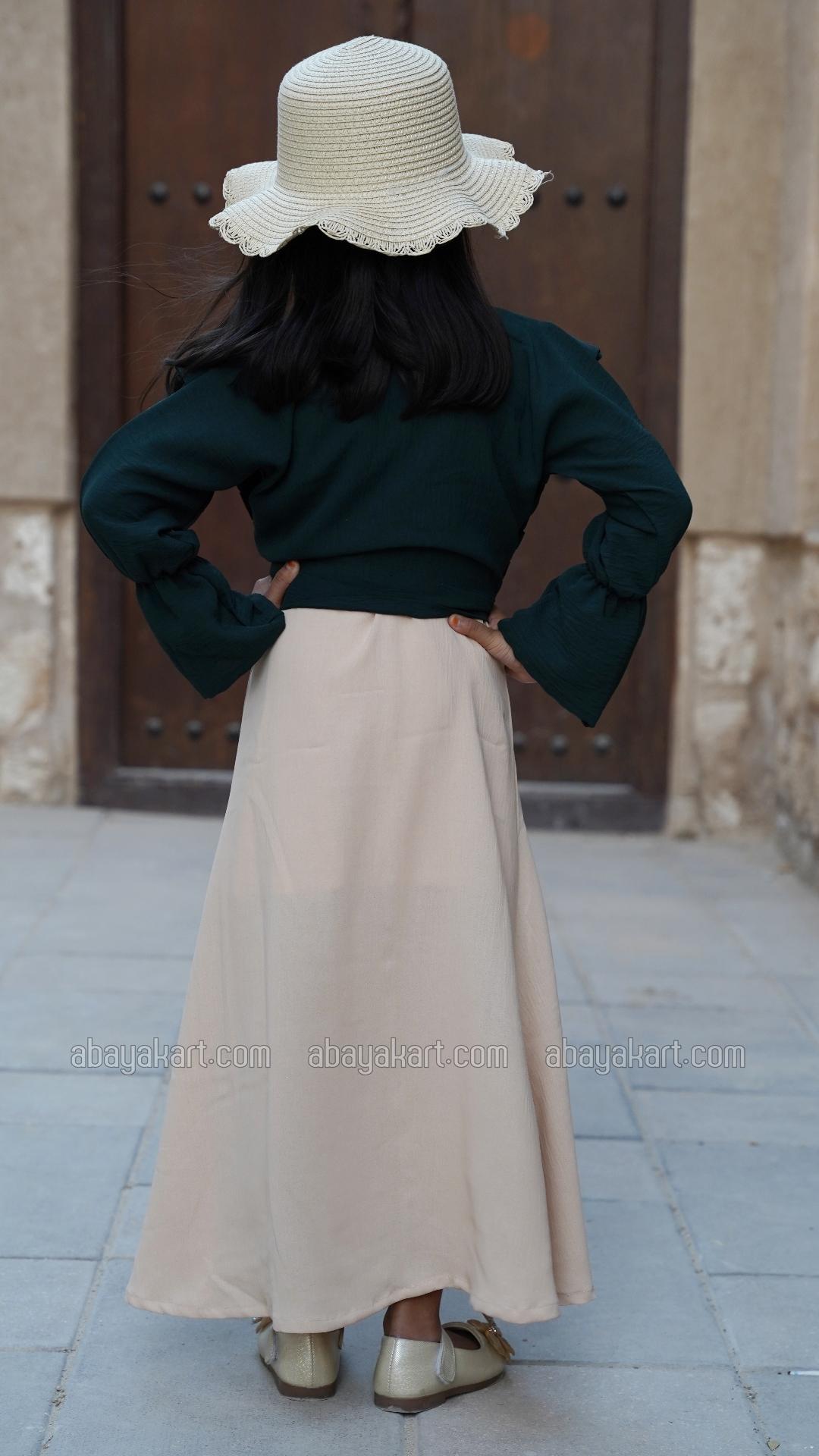 Bulk Kids Modest Dress with Frill Work and a Coat in Dark Green and Cream