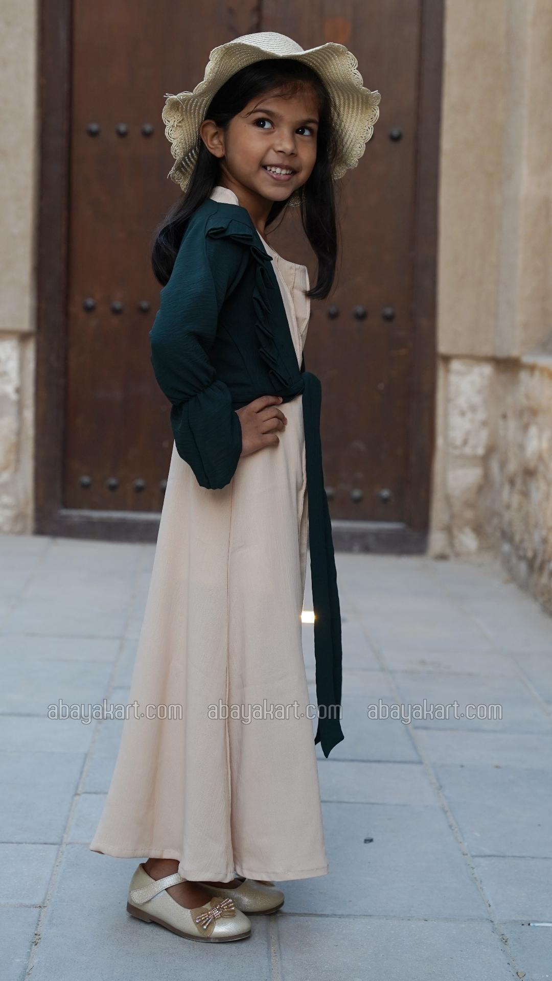 Bulk Kids Modest Dress with Frill Work and a Coat in Dark Green and Cream