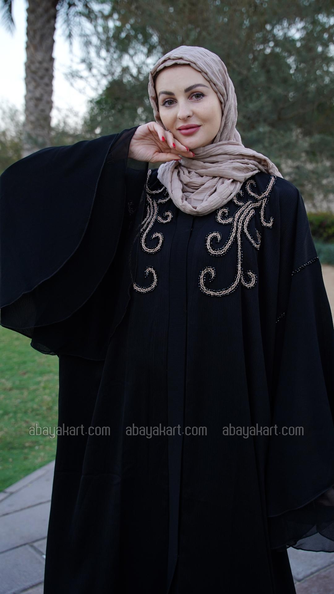 Bulk Zoom FrontOpen Modest Dress with Crystal Handwork on the Front and Shoulders in Black