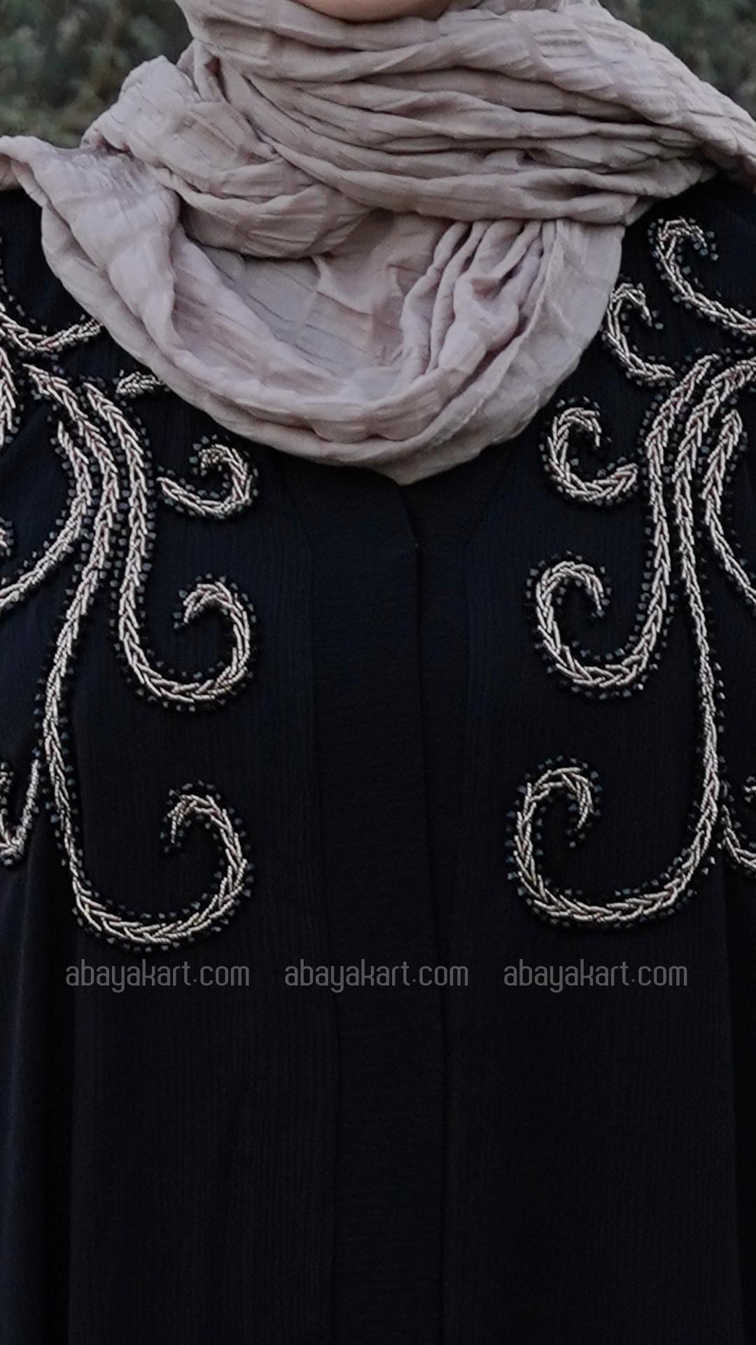 Bulk Zoom FrontOpen Modest Dress with Crystal Handwork on the Front and Shoulders in Black