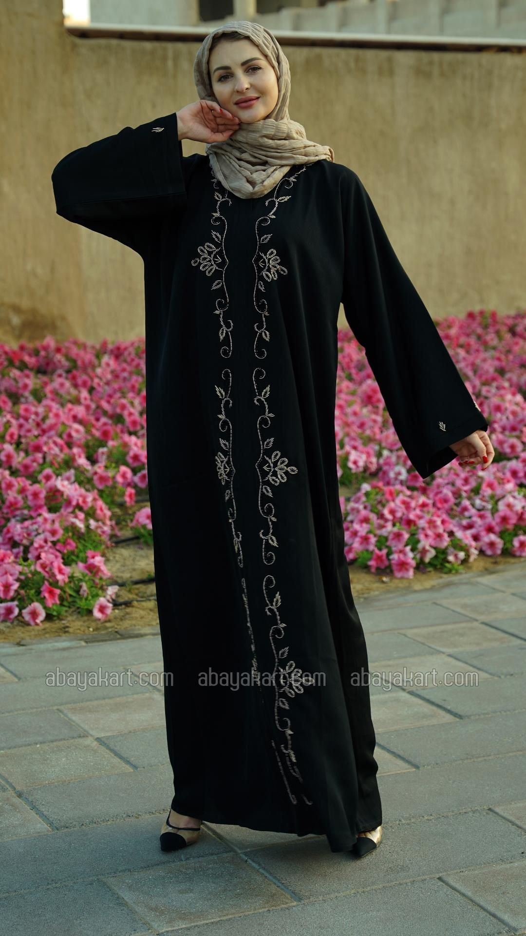 Bulk Zoom Modest Dress with Crystal Handwork on the Front and Sleeves in Black