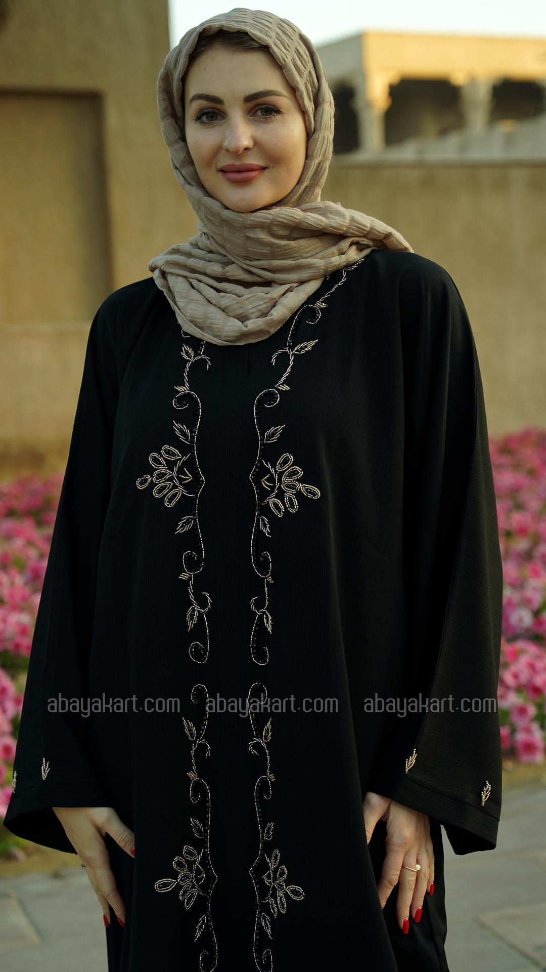 Bulk Zoom Modest Dress with Crystal Handwork on the Front and Sleeves in Black