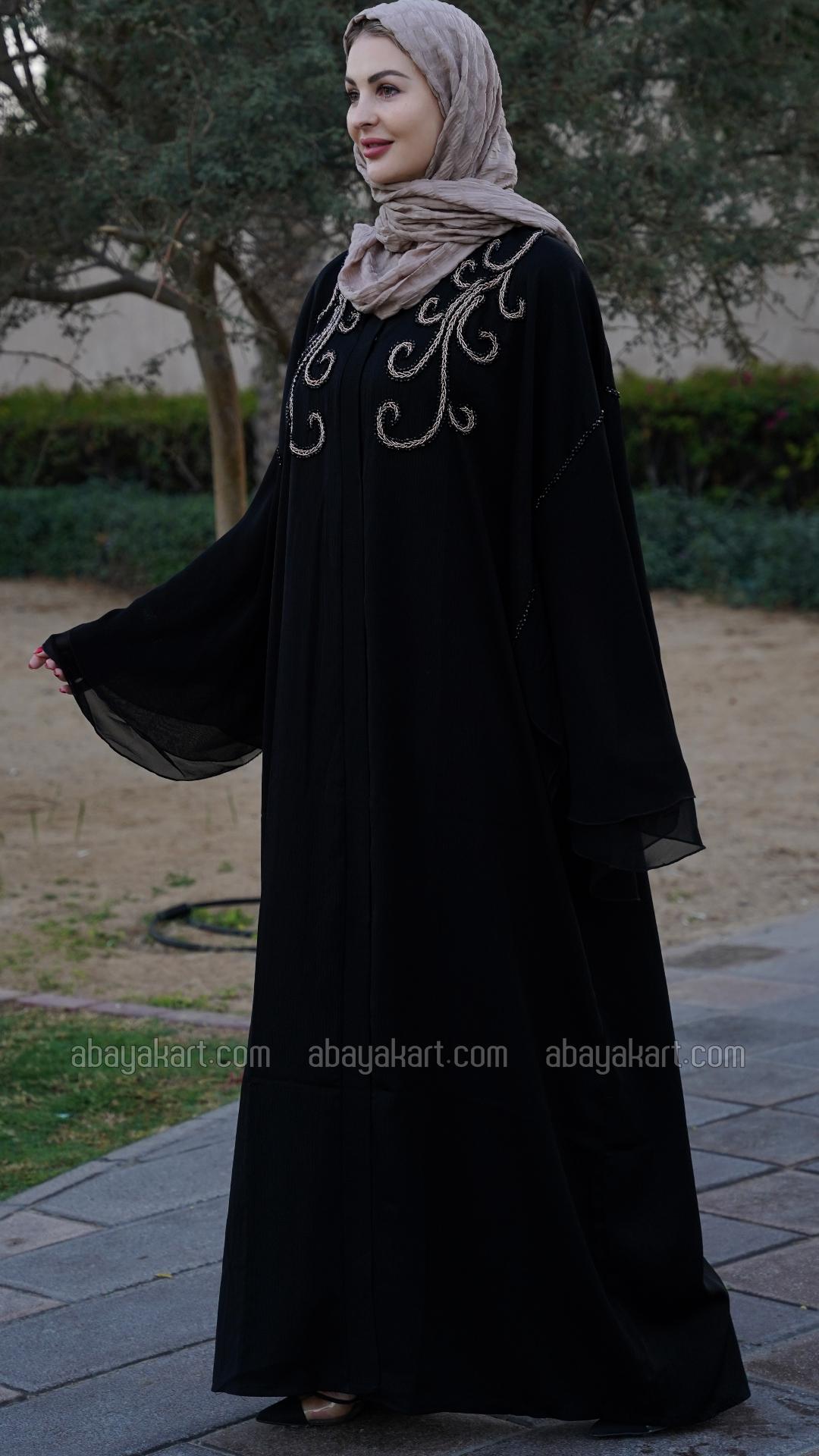Bulk Zoom FrontOpen Modest Dress with Crystal Handwork on the Front and Shoulders in Black