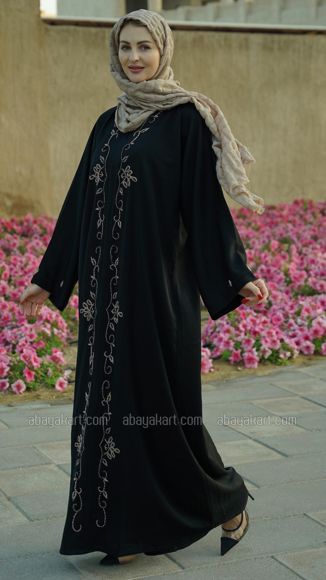 Bulk Zoom Modest Dress with Crystal Handwork on the Front and Sleeves in Black